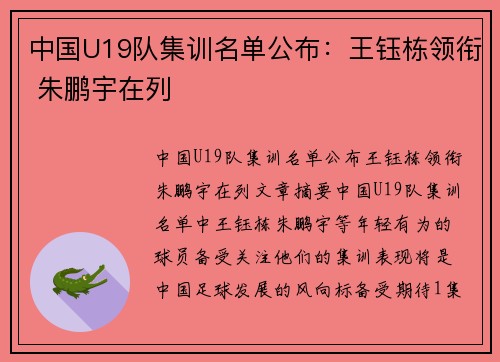 中国U19队集训名单公布：王钰栋领衔 朱鹏宇在列